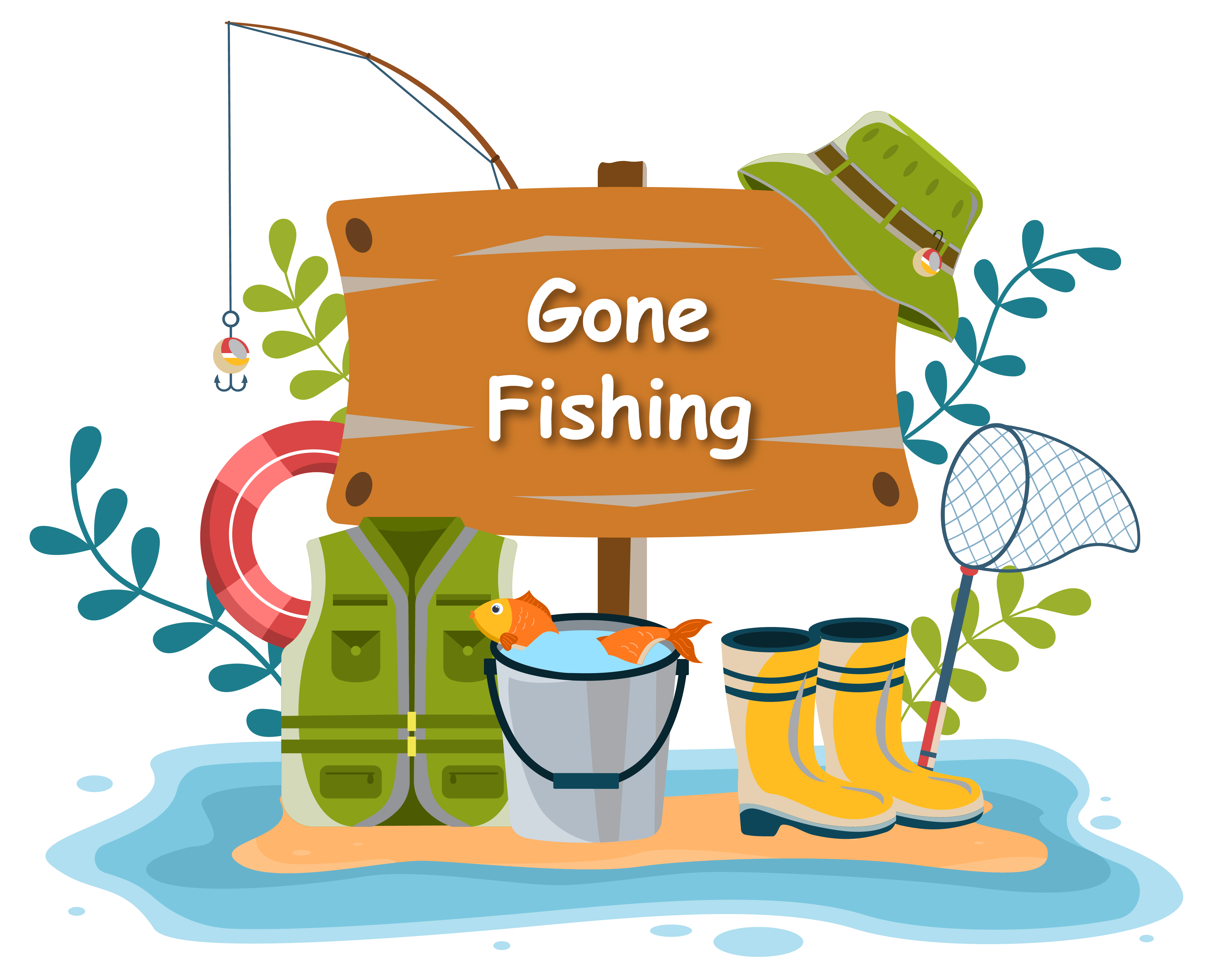 Gone Fishing sign and fishing gear